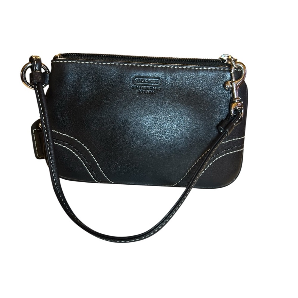 Coach SoHo Black Leather Wristlet with Contrast Stitching - Picture 1 of 9